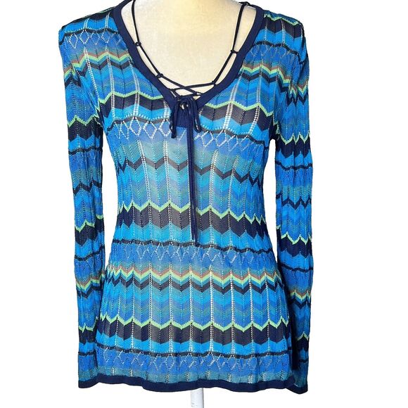 Sigrid Olsen Tops - Sigrid Olsen Blue Multicolored Chevron Open Knit Top Sz S Scoop Neck w Accents